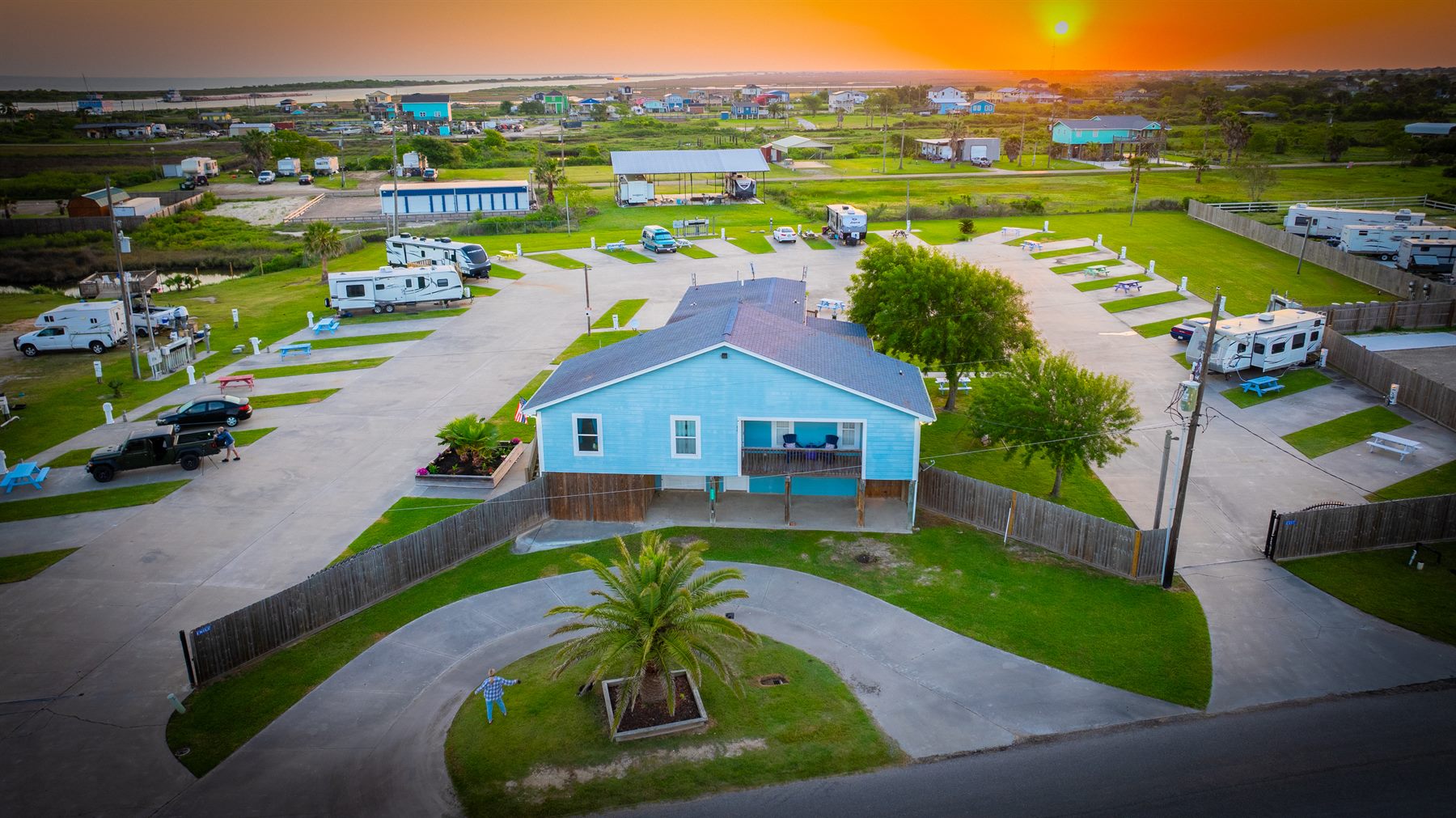 aerial view of The Palms at Crystal Beach RV Resort concrete RV pads